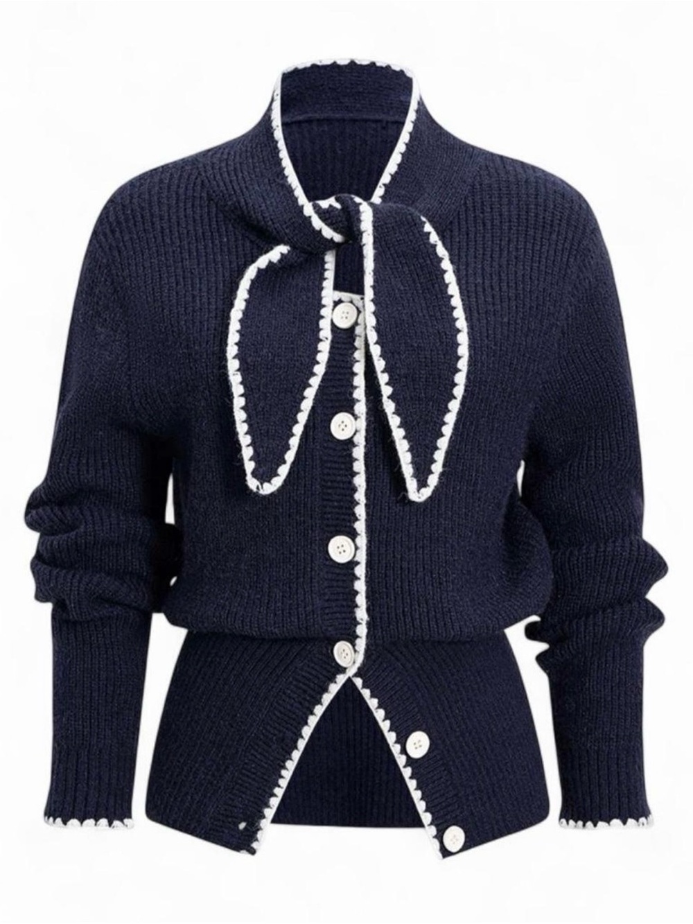 Navy Bow-Trim Knit Cardigan Sweater